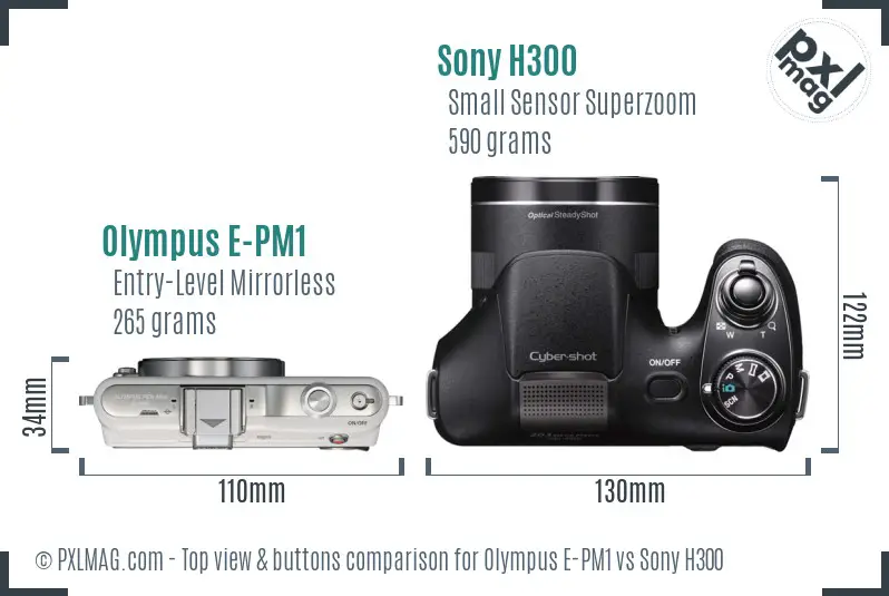 Olympus E-PM1 vs Sony H300 top view buttons comparison