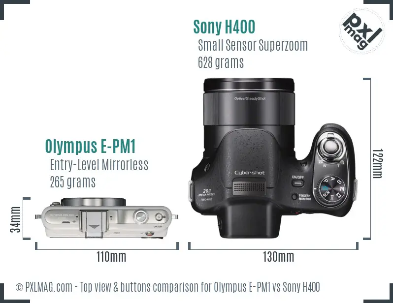 Olympus E-PM1 vs Sony H400 top view buttons comparison