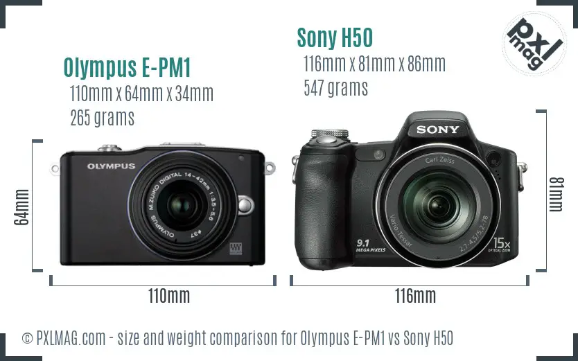 Olympus E-PM1 vs Sony H50 size comparison