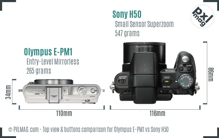 Olympus E-PM1 vs Sony H50 top view buttons comparison