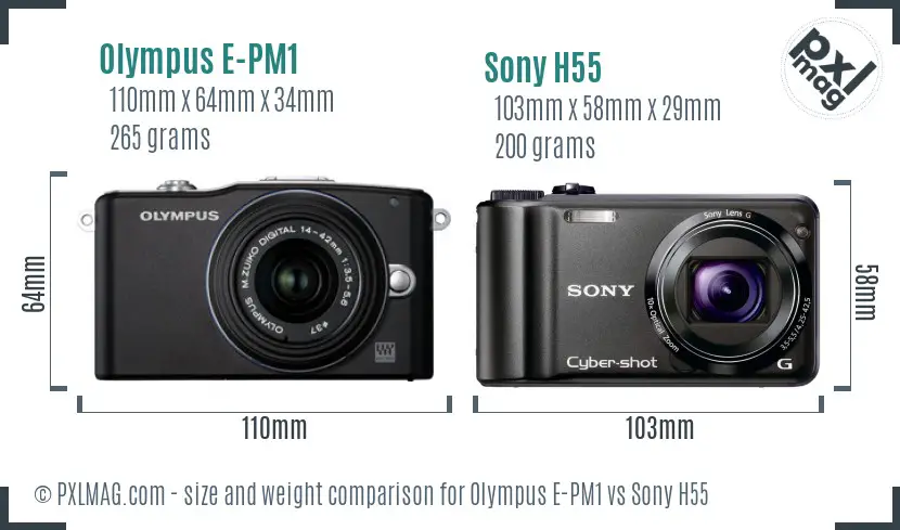 Olympus E-PM1 vs Sony H55 size comparison