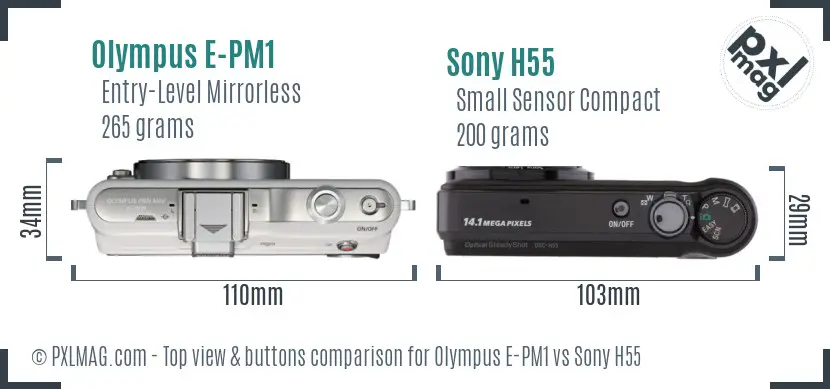 Olympus E-PM1 vs Sony H55 top view buttons comparison