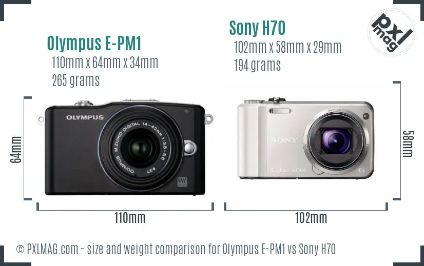 Olympus E-PM1 vs Sony H70 size comparison