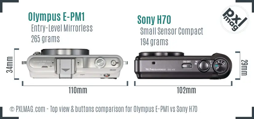 Olympus E-PM1 vs Sony H70 top view buttons comparison