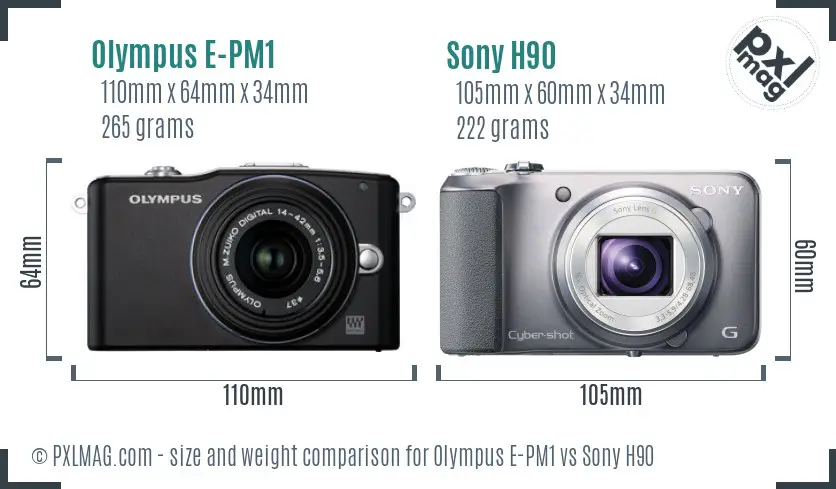 Olympus E-PM1 vs Sony H90 size comparison