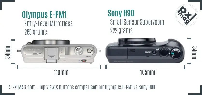 Olympus E-PM1 vs Sony H90 top view buttons comparison