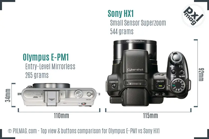 Olympus E-PM1 vs Sony HX1 top view buttons comparison