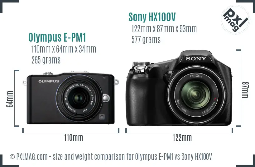 Olympus E-PM1 vs Sony HX100V size comparison