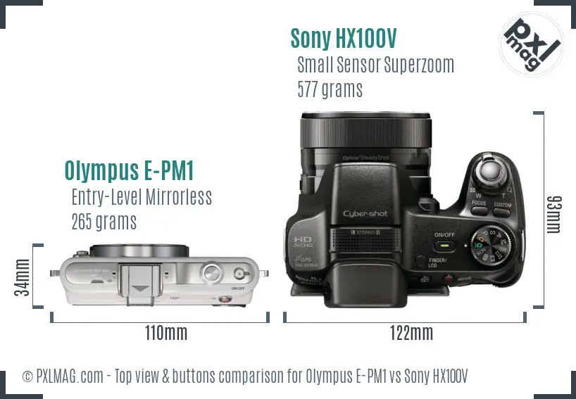 Olympus E-PM1 vs Sony HX100V top view buttons comparison