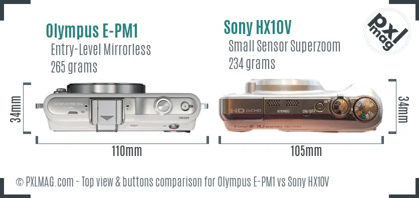 Olympus E-PM1 vs Sony HX10V top view buttons comparison
