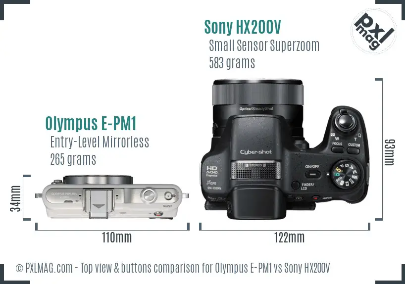 Olympus E-PM1 vs Sony HX200V top view buttons comparison