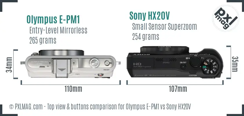 Olympus E-PM1 vs Sony HX20V top view buttons comparison