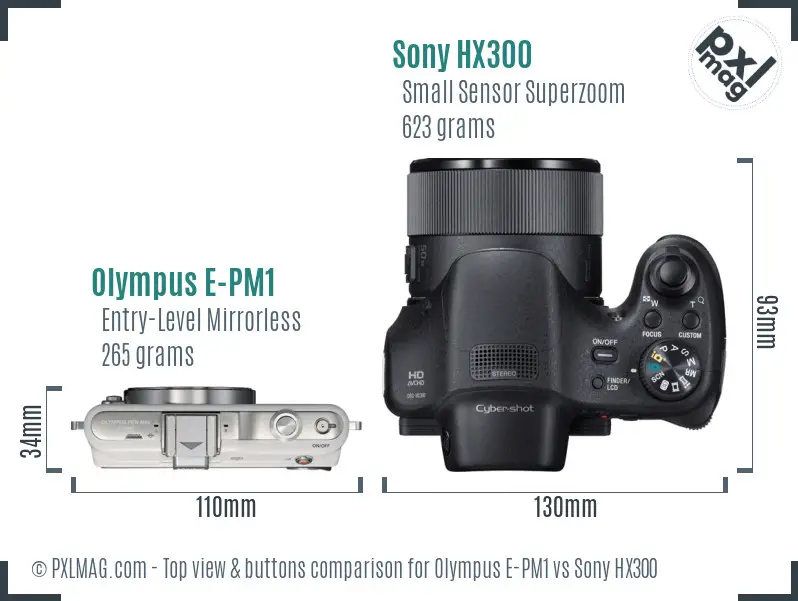 Olympus E-PM1 vs Sony HX300 top view buttons comparison