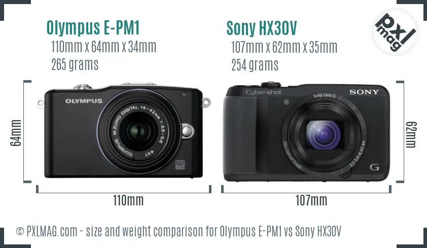 Olympus E-PM1 vs Sony HX30V size comparison