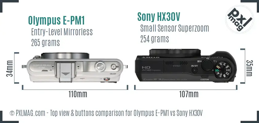 Olympus E-PM1 vs Sony HX30V top view buttons comparison
