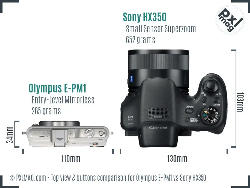 Olympus E-PM1 vs Sony HX350 top view buttons comparison