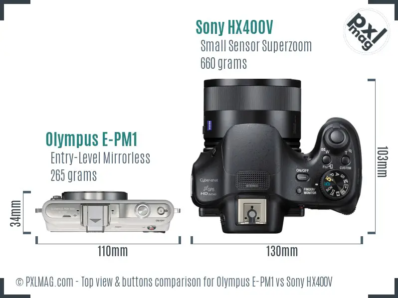 Olympus E-PM1 vs Sony HX400V top view buttons comparison