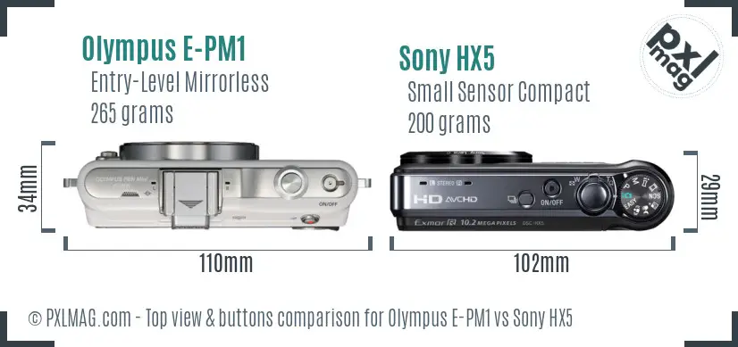 Olympus E-PM1 vs Sony HX5 top view buttons comparison