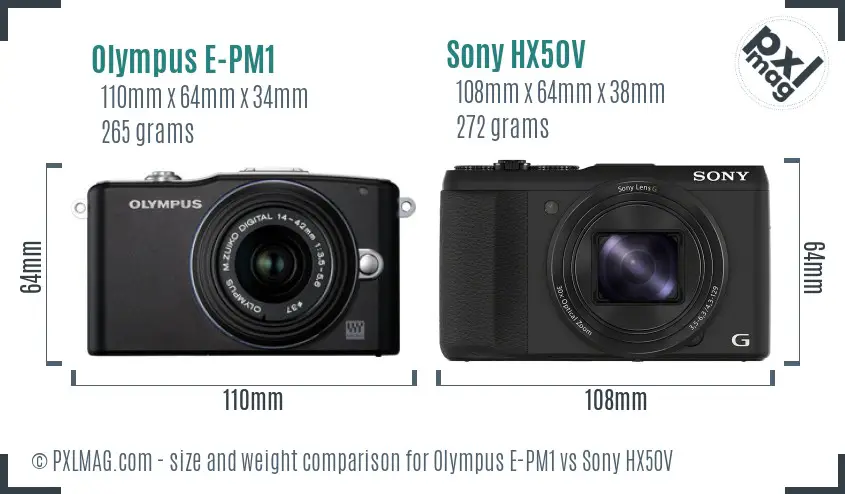 Olympus E-PM1 vs Sony HX50V size comparison