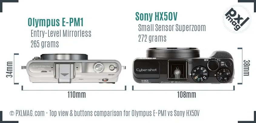 Olympus E-PM1 vs Sony HX50V top view buttons comparison
