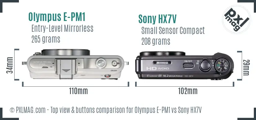 Olympus E-PM1 vs Sony HX7V top view buttons comparison