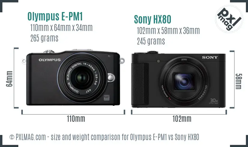 Olympus E-PM1 vs Sony HX80 size comparison