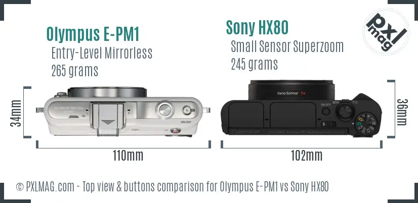 Olympus E-PM1 vs Sony HX80 top view buttons comparison