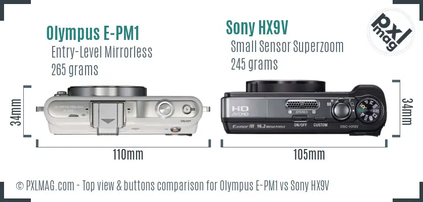 Olympus E-PM1 vs Sony HX9V top view buttons comparison