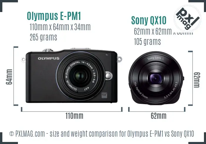 Olympus E-PM1 vs Sony QX10 size comparison Olympus E-PM1 vs Sony QX10 size comparison