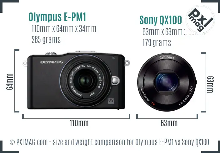 Olympus E-PM1 vs Sony QX100 size comparison