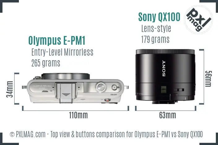 Olympus E-PM1 vs Sony QX100 top view buttons comparison