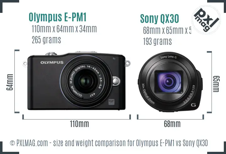 Olympus E-PM1 vs Sony QX30 size comparison Olympus E-PM1 vs Sony QX30 size comparison