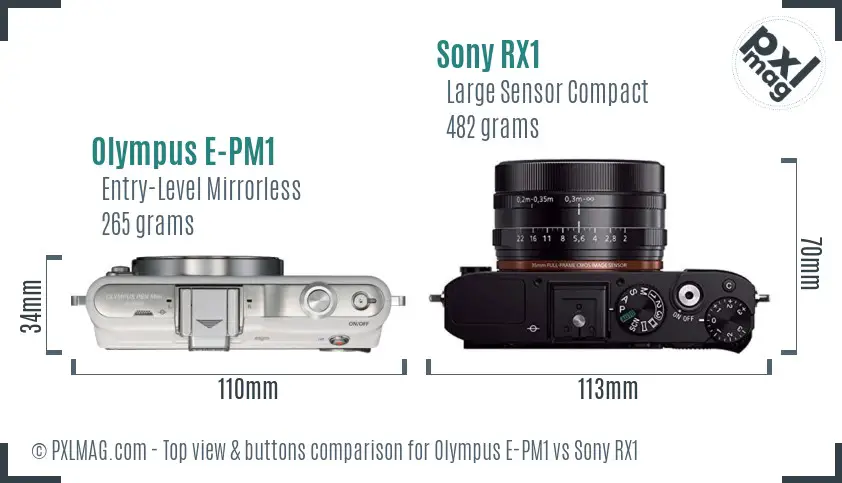 Olympus E-PM1 vs Sony RX1 top view buttons comparison Olympus E-PM1 vs Sony RX1 top view buttons comparison