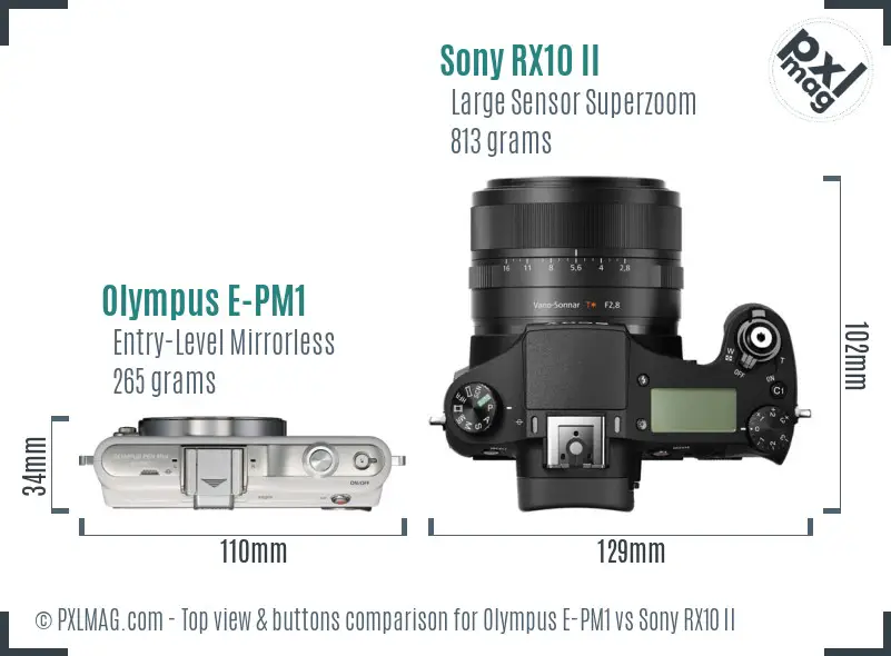 Olympus E-PM1 vs Sony RX10 II top view buttons comparison