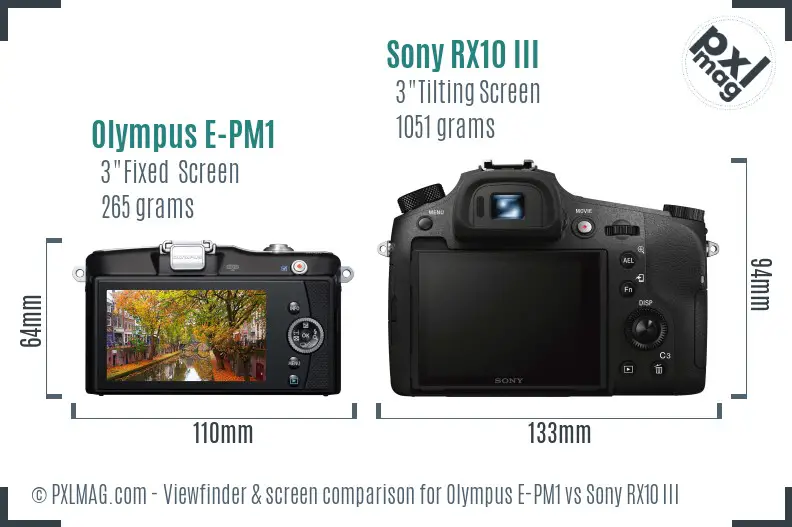 Olympus E-PM1 vs Sony RX10 III Screen and Viewfinder comparison