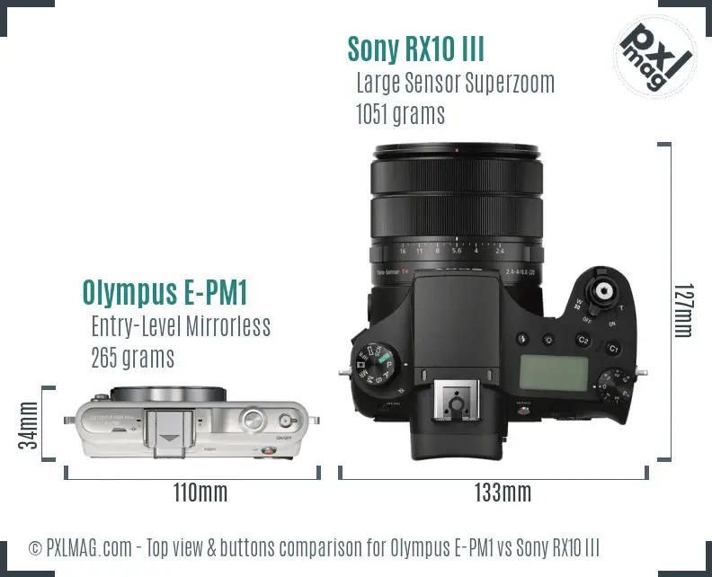 Olympus E-PM1 vs Sony RX10 III top view buttons comparison