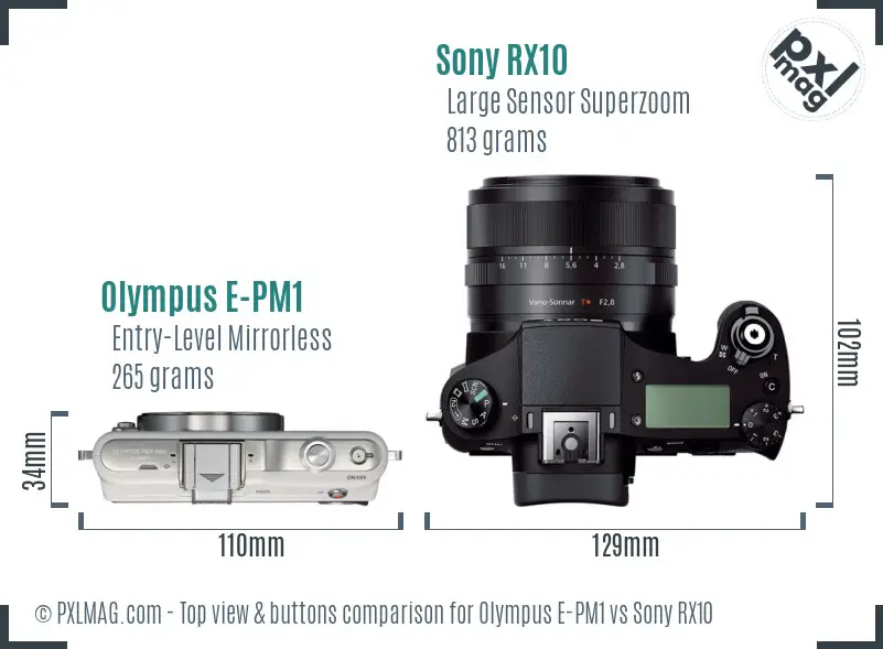 Olympus E-PM1 vs Sony RX10 top view buttons comparison