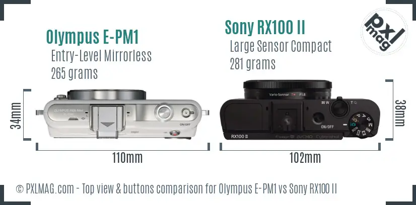 Olympus E-PM1 vs Sony RX100 II top view buttons comparison