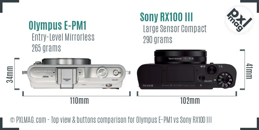 Olympus E-PM1 vs Sony RX100 III top view buttons comparison