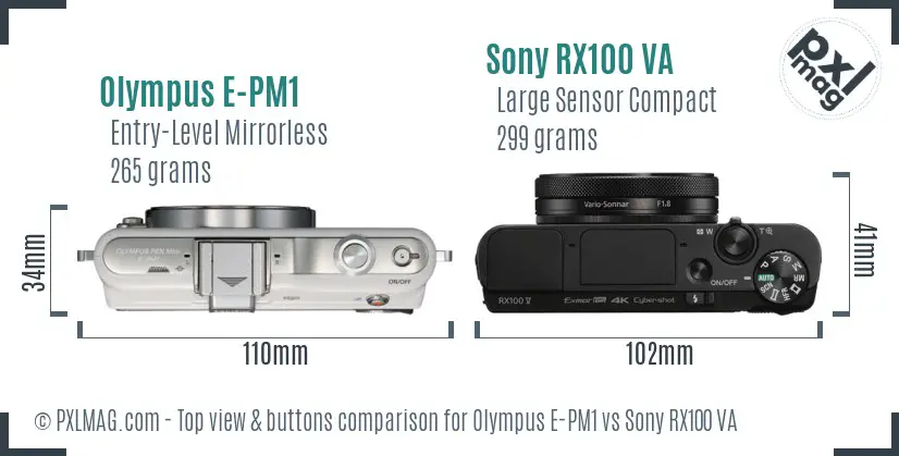 Olympus E-PM1 vs Sony RX100 VA top view buttons comparison