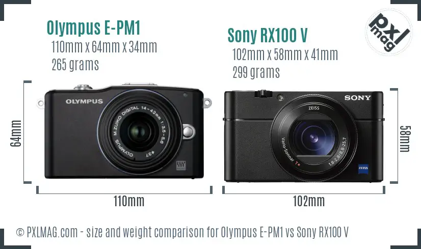 Olympus E-PM1 vs Sony RX100 V size comparison