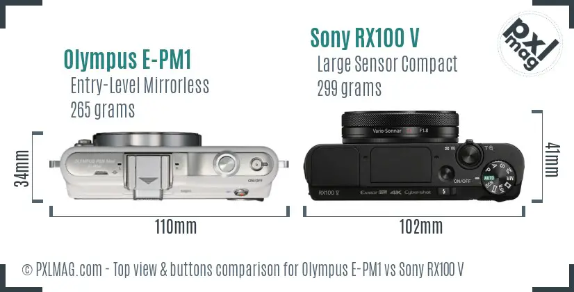 Olympus E-PM1 vs Sony RX100 V top view buttons comparison