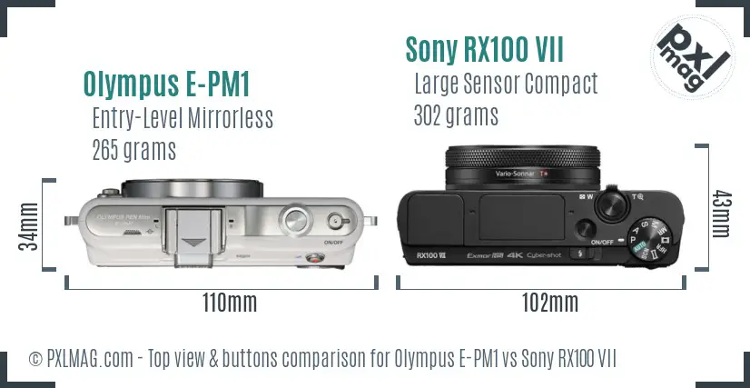 Olympus E-PM1 vs Sony RX100 VII top view buttons comparison