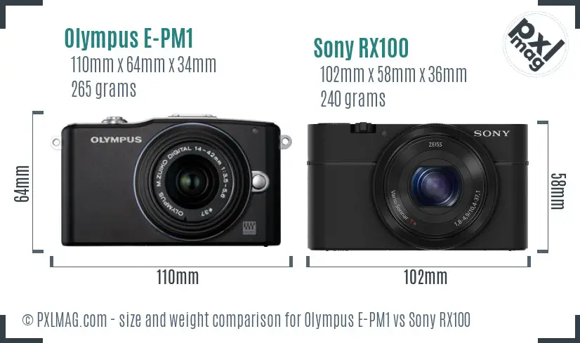 Olympus E-PM1 vs Sony RX100 size comparison