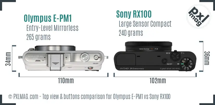 Olympus E-PM1 vs Sony RX100 top view buttons comparison