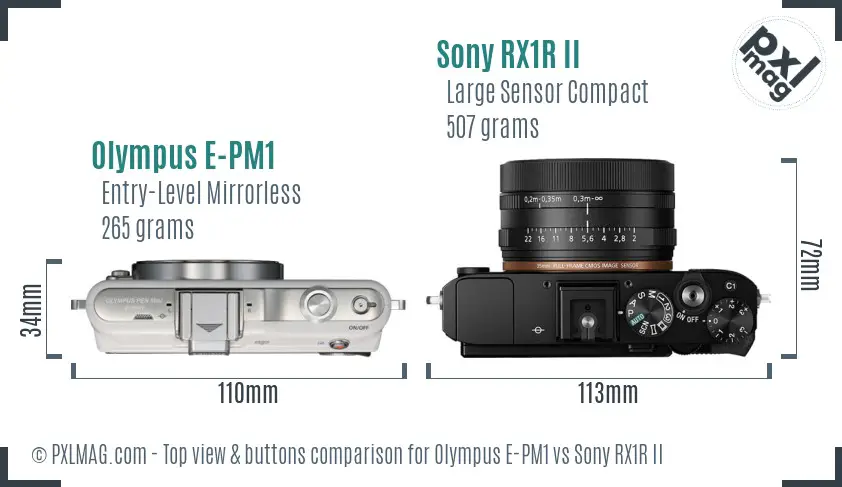 Olympus E-PM1 vs Sony RX1R II top view buttons comparison