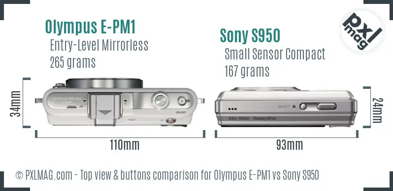 Olympus E-PM1 vs Sony S950 top view buttons comparison