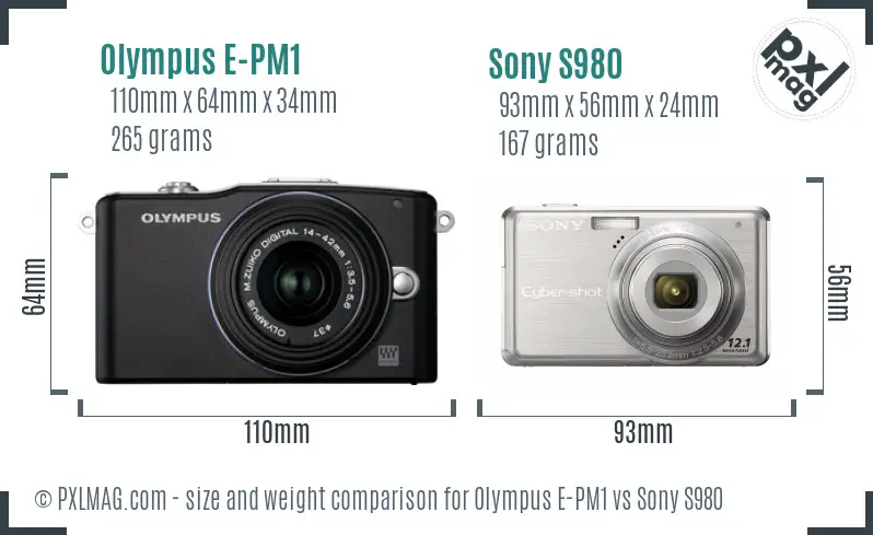 Olympus E-PM1 vs Sony S980 size comparison