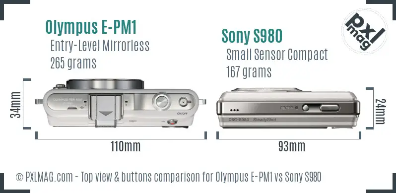 Olympus E-PM1 vs Sony S980 top view buttons comparison