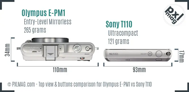 Olympus E-PM1 vs Sony T110 top view buttons comparison Olympus E-PM1 vs Sony T110 top view buttons comparison